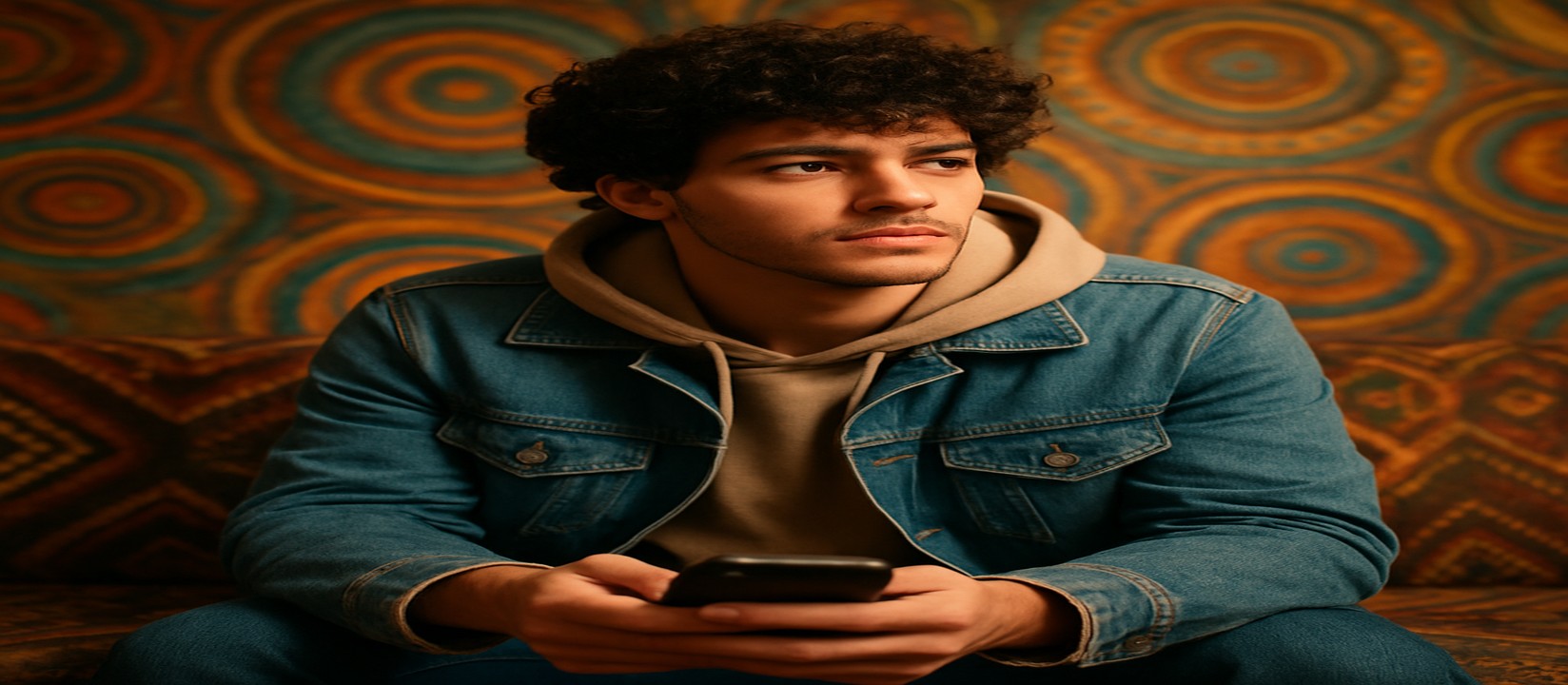 একজন ব্যক্তি সোফায় আরাম করে বসে cb6 অ্যাপটি স্মার্টফোনে ব্যবহার করছেন