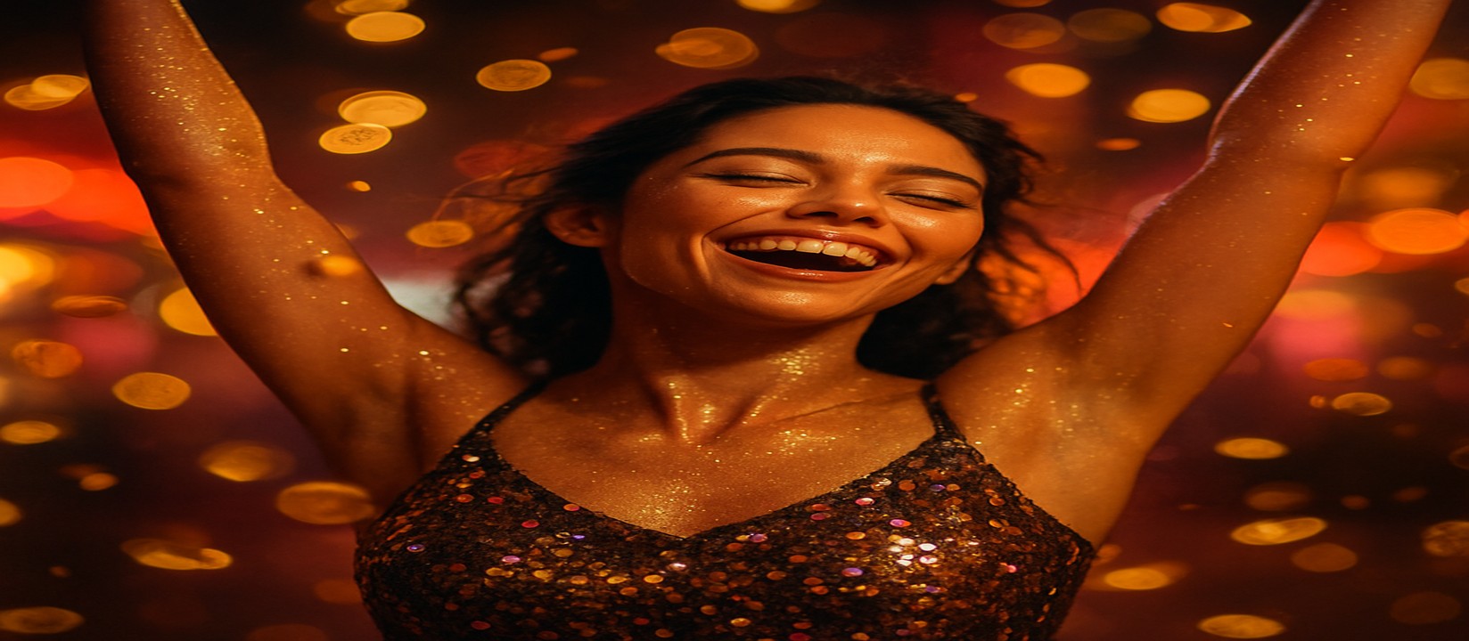 উড়ান-থিমা খেলার জয়লাভের আনন্দে উল্লসিত এক নারী, চারপাশে উড়ে বেড়াচ্ছে স্বর্ণমুদ্রা।