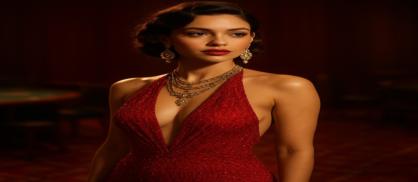 cb6 গেমিং প্ল্যাটফর্মে টেবিলে লাল পোশাকে সজ্জিত একটি নারী উপস্থিত