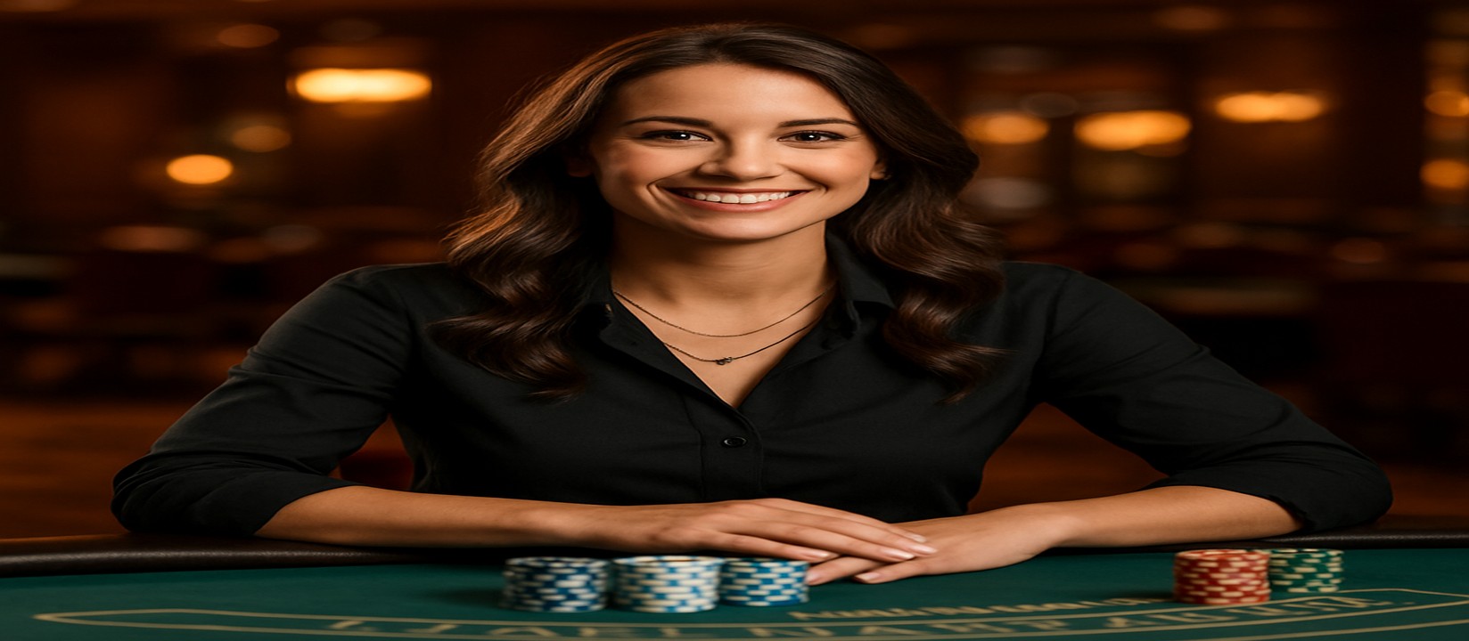 cb6-র একটি গেমিং প্ল্যাটফর্মে কার্ড টেবিলে বসে থাকা হাসিখুশি এক নারী ডিলারের সামনে চিপ ও কার্ডগুলো রয়েছে এবং তিনি বিস্তৃত খেলার বাছাই প্রদান করেন।