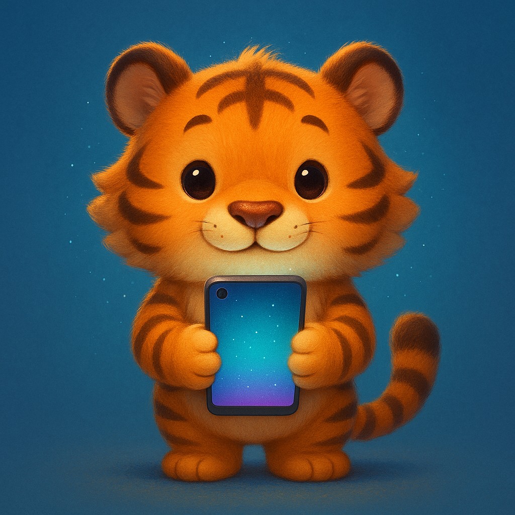 একটি স্মার্টফোনে cb6 অ্যাপটি ব্যবহার করছে এমন একটি কার্টুন বাঘশাবকের দৃশ্য