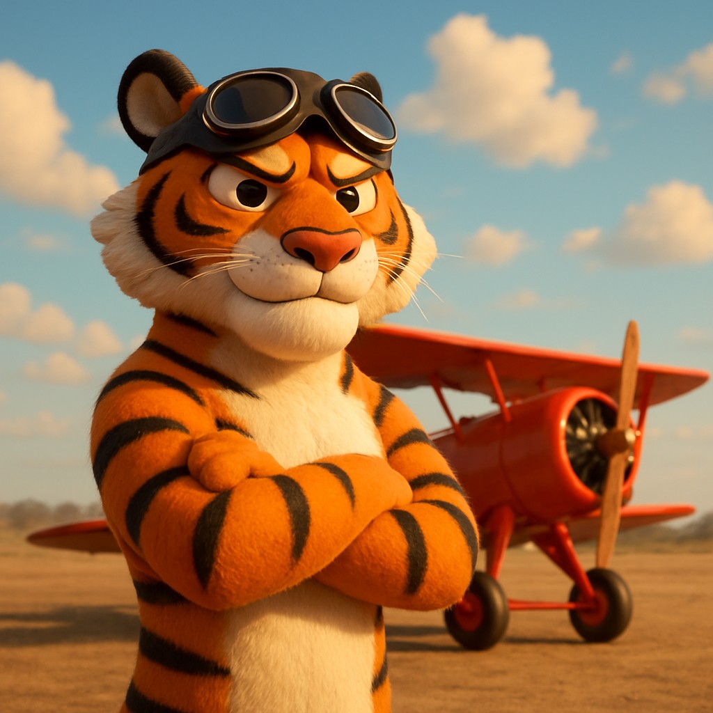 লাল বর্ণের বিমানটির পাশে দাঁড়িয়ে থাকা একটি টাইগার পাইলট—এটি বিমান-থিমা খেলার প্রতীক হিসেবে চিত্রিত হয়েছে।
