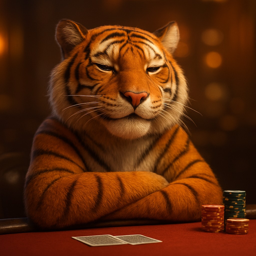 cb6 গেমিং প্ল্যাটফর্মে খেলার টোকেন ধরে বসে থাকা হাসিখুশি একটি টাইগার শাবক