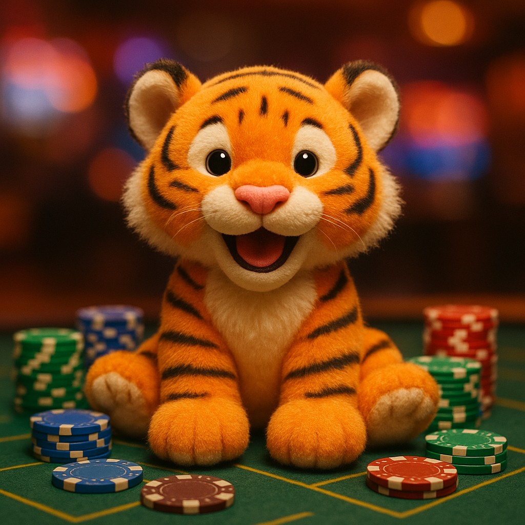 একটি ছোট বাঘের বাচ্চা একটি টেবিলের ওপর খেলার চিপগুলোর পাশে বসে আছে।