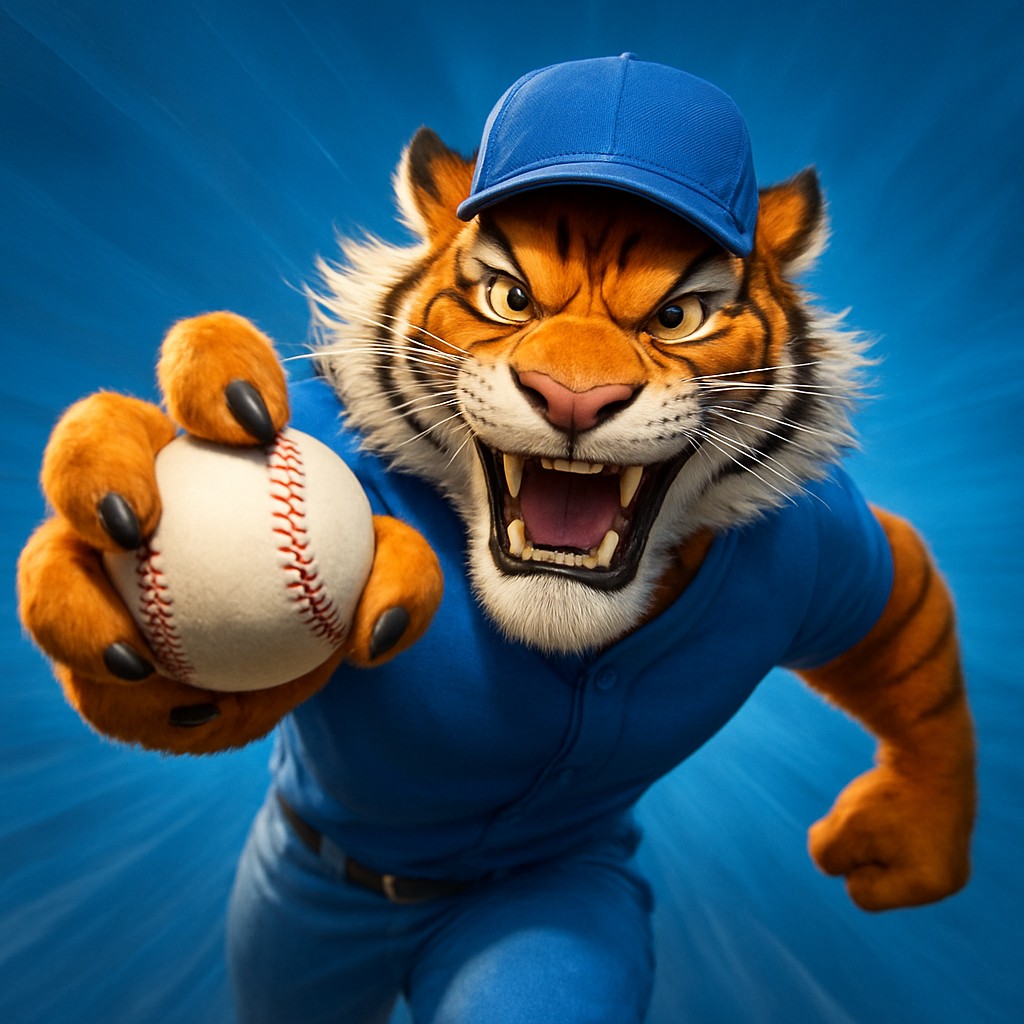 cb6 ক্রিকেট গেমিংয়ের প্রতীক হিসেবে ইউনিফর্ম পরা একটি আনন্দিত টাইগার শাবক হাতে বল ধরেছে