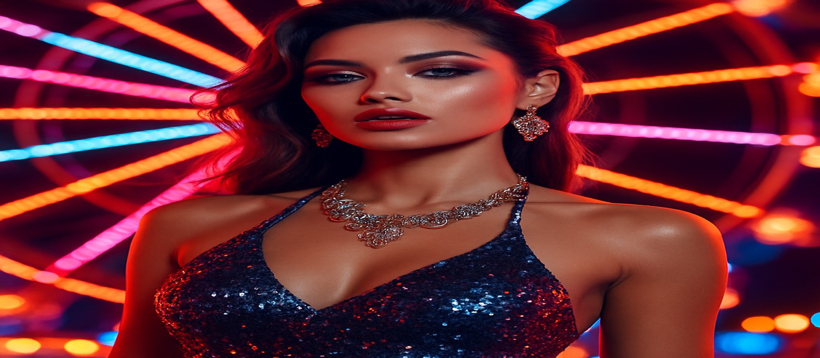 চাকার সামনে একটি রঙিন গেমিং প্ল্যাটফর্ম, উজ্জ্বল পোশাকে এক নারী