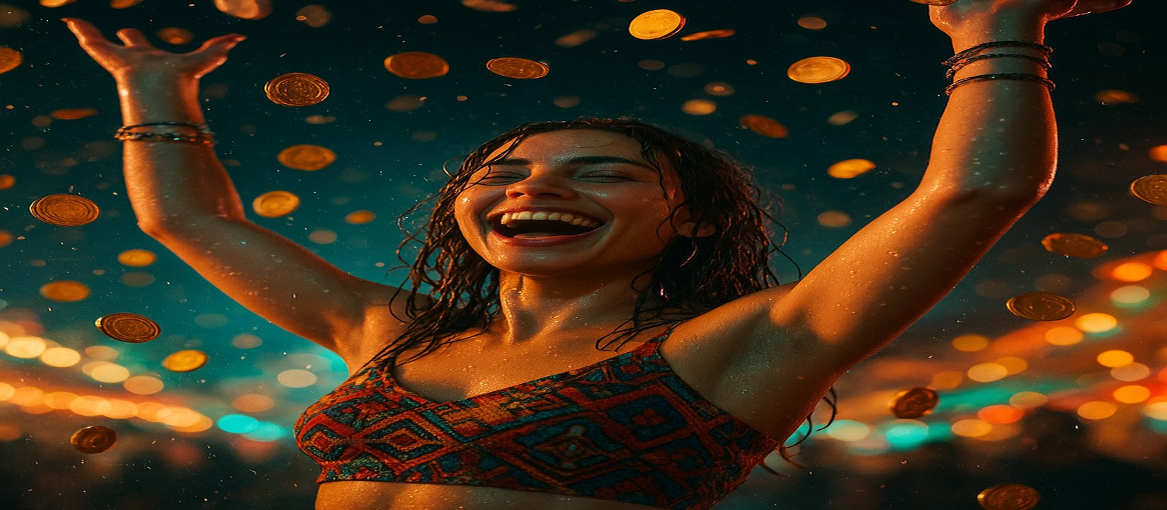 মুদ্রার ঝরনার মাঝে রঙিন পোশাকে থাকা এক নারী