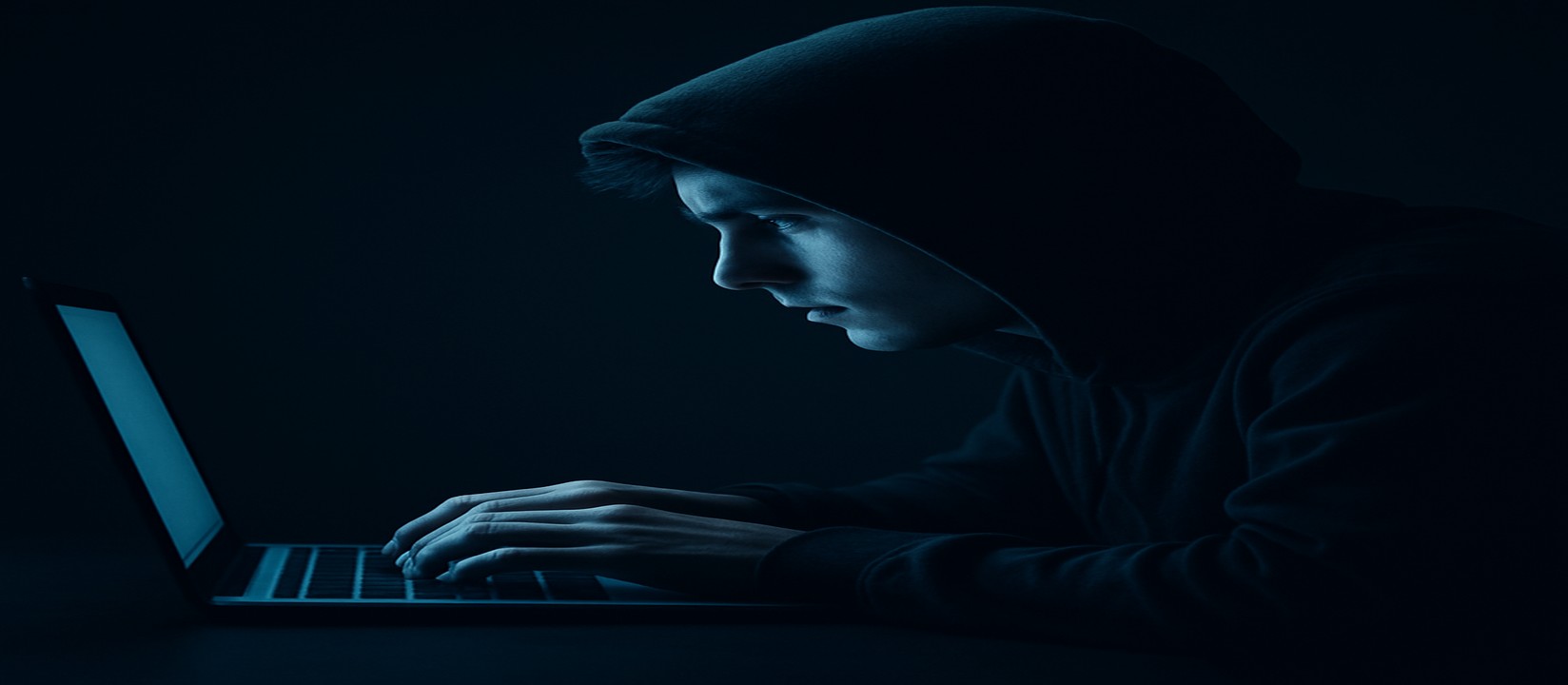 একজন ব্যক্তি অন্ধকার ঘরে ল্যাপটপে মনোযোগ দিয়ে cb6 ওয়েবসাইটে অনলাইন গেম খেলছেন